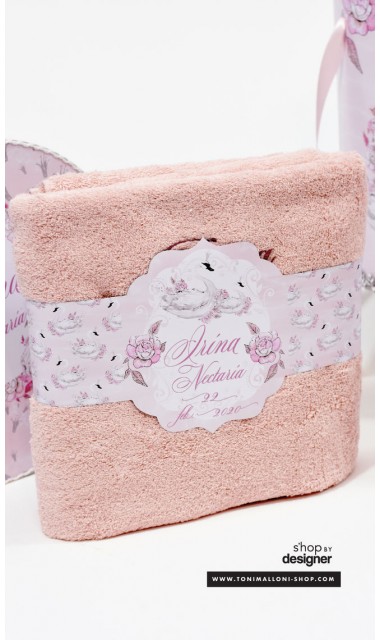 Trusou de botez cu lebede si motive florale personalizat pentru fete, Lebada alba 4